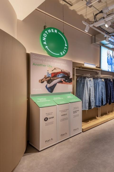 An in-store display for M&S's Plan A: Another Life initiative — sustainable fashion